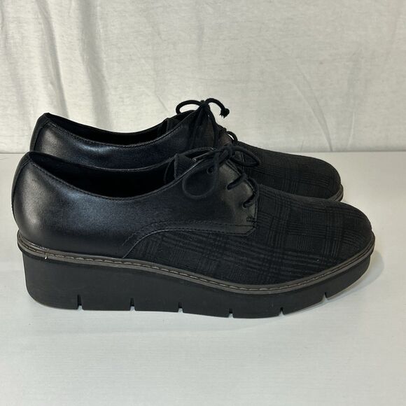 Clarks Women’s Black Plaid Check lace up Oxford Low Wedge Shoe Loafers sz 11 - Picture 1 of 8